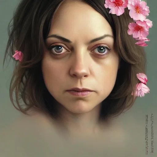 Image similar to pink petals with a ahape of a wonderful aubrey plaza and christina ricci and mila kunis and olivia newton john, intricate, elegant, highly detailed, wonderful eyes, sweet, digital painting, artstation, concept art, smooth, sharp focus, illustration, art by artgerm and greg rutkowski and alphonse mucha and william - adolphe bouguereau