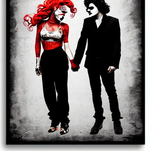 Image similar to mimmo rottela and banksy as joaquin phoenix skinny joker holding hand lady gaga harley queen, photorealistic, intricate details, pop art style, concept art, confident, love, random object movement, 3 colors, 4 k, 4 d, ultra smooth, sharp focus