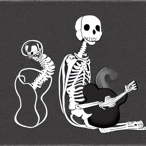 Image similar to skeleton wearing headphones watching girl playing guitar with her black cat standing next to her, digital art