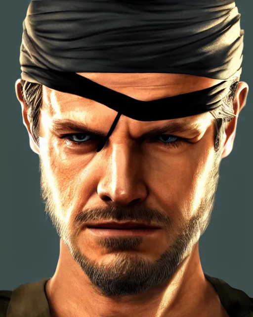 Image similar to solid snake wearing bandana on head portrait, cinematic lighting, backlit face, tired expression, close - up, black atmospheric background, 4 k ultra detailed digital photoshop painting, best of artstation hdr, official artwork hdr