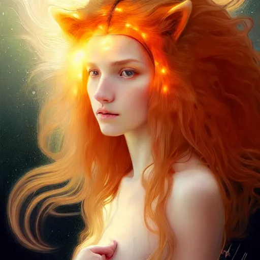 Image similar to Portrait of a girl angel with pale orange colored frizzy strands of illuminated hair, cat ears on her head, glowing halo, Lion's Mane, fantasy, intricate, elegant, highly detailed, digital painting, artstation, concept art, smooth, sharp focus, illustration, art by Krenz Cushart and Artem Demura and alphonse mucha