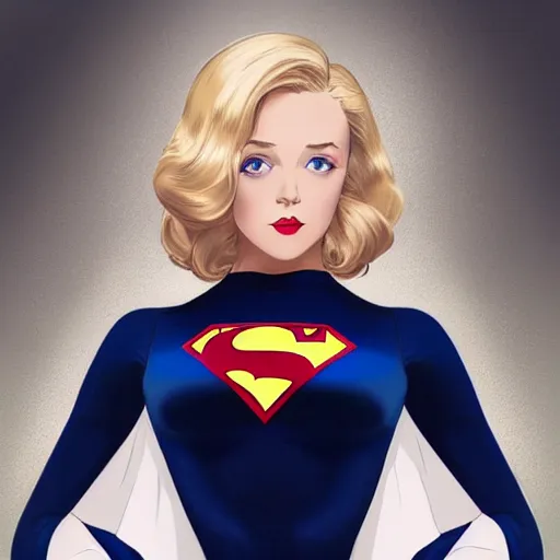 Image similar to a beautiful pin - up portrait of a beautiful cute superhero woman, blonde hair, bob haircut, matte navy - blue bodysuit, white cape, intricate, elegant, 8 k, highly detailed, digital painting, concept art, smooth, sharp focus, illustration, anime, artgerm and loish and wlop and alphonse mucha