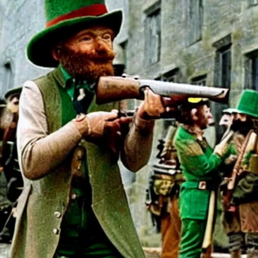 Image similar to leprechaun fighting with the ira, historical photograph, restored, gun, irish, terrorism, colorised, colourised, mask