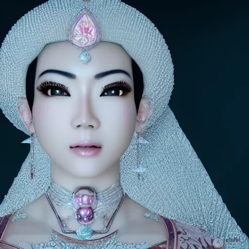 Image similar to portrait of wonderful asian princess of white diamond with fair skin, ornate with white diamonds, 8 k, gorgeous, intricate, detailed, glowing white accent lighting, dramatic lighting, octane render