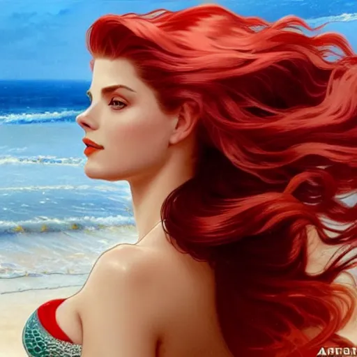 Prompt: A combination of Grace Kelly's and Katheryn Winnick's and Ashley Greene's faces with red hair as a mermaid half submerged on the beach, western, fantasy, intricate, elegant, highly detailed, digital painting, artstation, concept art, matte, sharp focus, illustration, art by Artgerm and Greg Rutkowski and Alphonse Mucha