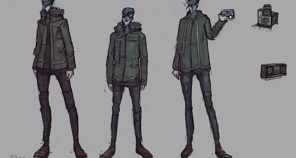 Prompt: concept art of a lean and lanky man that has a radio for a head and wears a cyberpunk coat, concept art, turnaround world building, character design