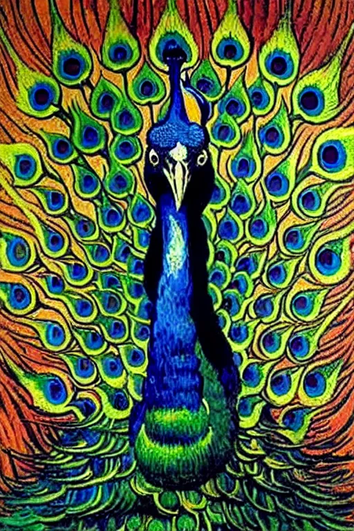 Prompt: the vision of the universal peacock by johfra bosschart and vincent van gogh, symbolist, visionary