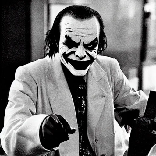 Image similar to jack nicholson as joker working in imperial mcdonalds behind counter, fleshtone facepaint coming off, movie still, dslr