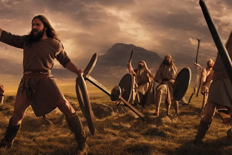 Prompt: Jesus Christ as a viking holding a iron battleax yelling and raising his arms in a scandinavian field, 8k, hyperrealistic, professional photography, epic composition, golden hour