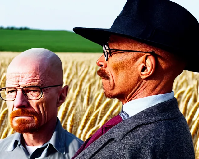 Prompt: walter white wearing a hat and gustavo fring facing each other in a wheat field, long shot, side view, 3 5 mm photograph, 8 k resolution, wide shot, sharp lens