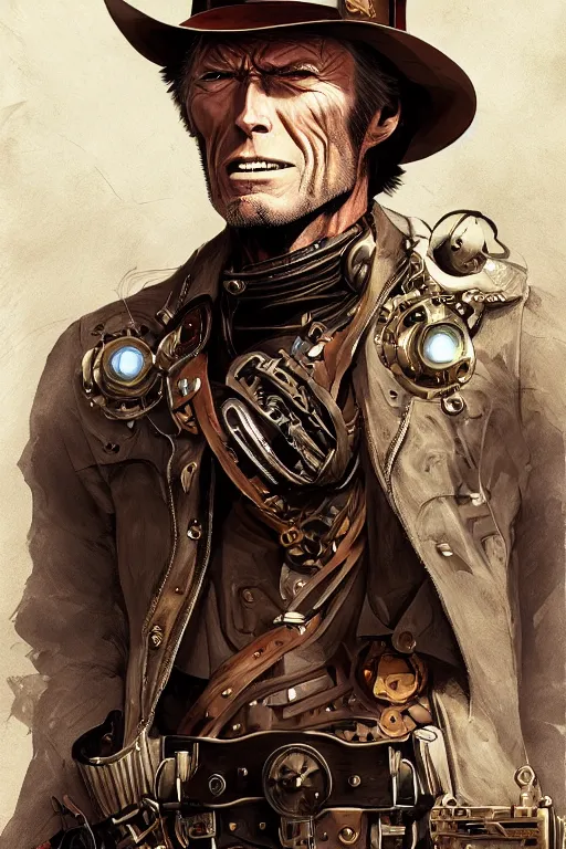 Image similar to clint eastwood as a steampunk cyborg gunslinger, portrait, western, duster, fantasy, intricate, elegant, highly detailed, digital painting, artstation, concept art, sharp focus, illustration, style of studio ghibli, makoto shinkai, raphael lacoste, louis comfort tiffany, artgerm, james jean, ross tran