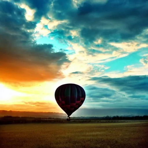 Prompt: steampunk hot air balloon, skimming along clouds, sunset, beautiful composition.