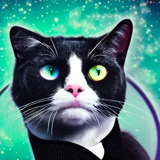 Prompt: Portrait of a beautiful black and white cat wearing tuxedo in space with colorful bright green eyes, medium shot, hd, 8k, hyper-realism, detailed, octane 8k,