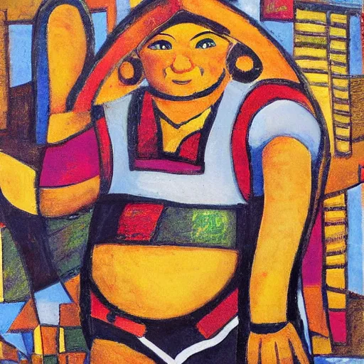 Image similar to fat mayan woman dancing, brilliant sunset, cubism, muted colors, texture