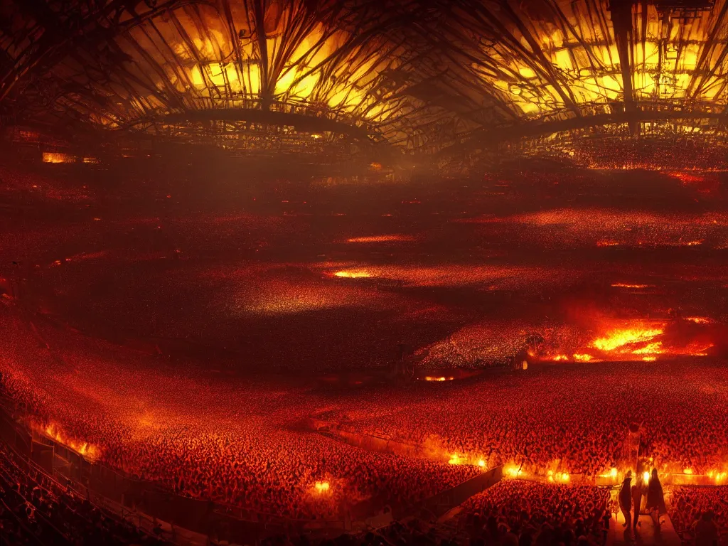 Prompt: a large concert stadium in hell, brightly lit stage centered and on fire, high contrast, stage lighting, pyrotechnics, ghibli animated film, volumetric lighting, octane render by stanley artgerm lau, greg rutkowski, thomas kindkade, alphonse mucha, loish, norman rockwel,