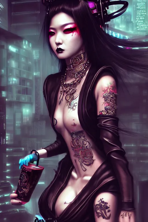 Image similar to soft lustrous ebony asian geisha goddess yakuza biotech raver gutter punk gothic cyborg, cyberpunk city, urban decay, decay, underworld, dark art, highly detailed, digital painting, octane render, artstation, concept art, smooth, sharp focus, illustration, art by artgerm, loish, wlop