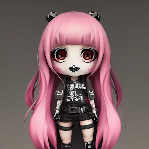 Image similar to portrait of a grungy skull anime and chibi very cute doll by super ss, cyberpunk fashion, nendoroid, kawaii, cyberpunk fashion, character modeling, maximalist sculpted design, toy design, substance 3 d painter, vray, soft vinyl, trending in artstation