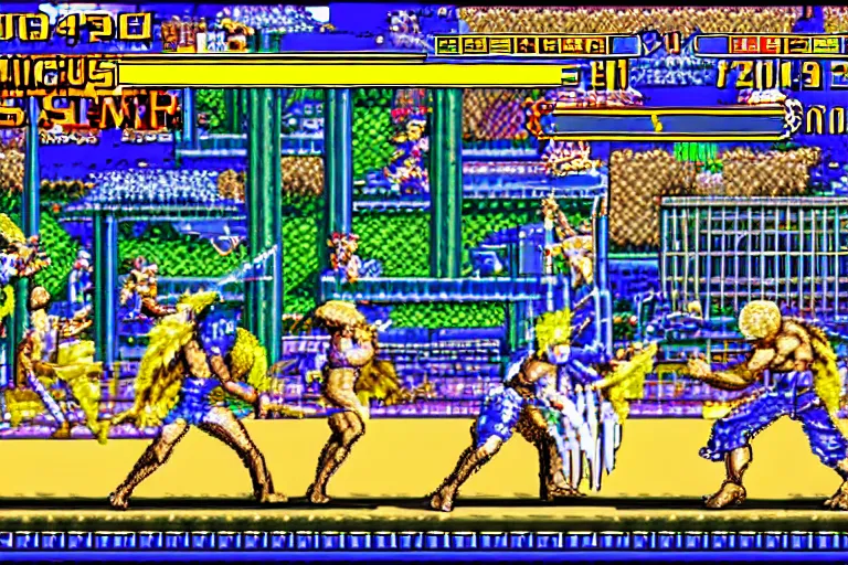 Prompt: ancient sumerian snes 2 d fighting game gameplay screenshot