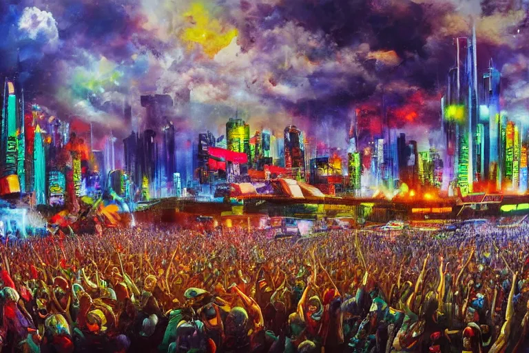 Image similar to 4 k hyper realistic oil painting of 2 0 0 0 s city at amn electronic music festival, rave, huge stage booming hard techno music, detailed painting in the style of walter douglas