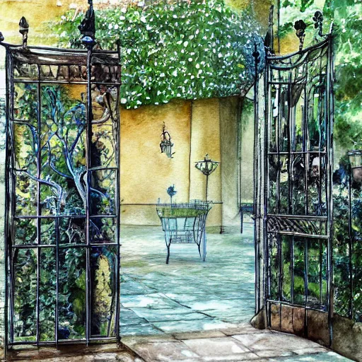 Prompt: delicate, chairs, garden, paved, botanic watercolors, iridescent, 8 k, realistic shaded, fine details, artstation, italian, iron gate, tree, mediterranean, neon