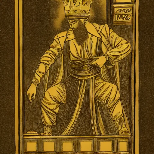 Prompt: King Midas, illustrated by Laurence Housman, etching with gold leaf