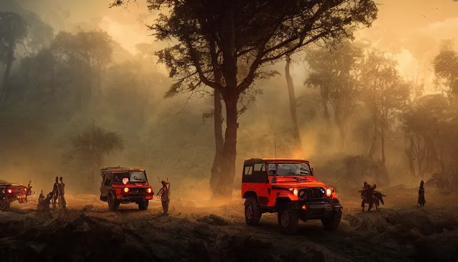 Prompt: Mahindra thar, tribe members watching nearby, an epic fantasy, dramatic lighting, cinematic, establishing shot, extremely high detail, photorealistic, shot on red camera, cinematic lighting, artstation, by simon stalenhag, shadow of the tomb rider