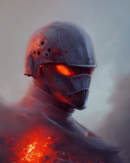 Image similar to Hyper realistic painting of a knight with armor made out of flaming embers, cracks in the armor, reflected light, red lighting, dark fantasy, fog, by greg rutkowski, trending on artstation