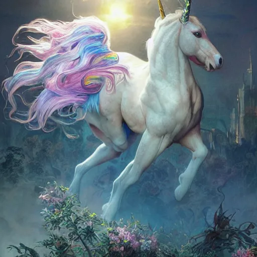 Image similar to a iridescent unicorn is injured, footsteps of blood leading up to it, toxic glowing smog in the sky, ultra realistic, concept art, intricate details, highly detailed, photorealistic, octane render, 8 k, art by art by artgerm and greg rutkowski and alphonse mucha