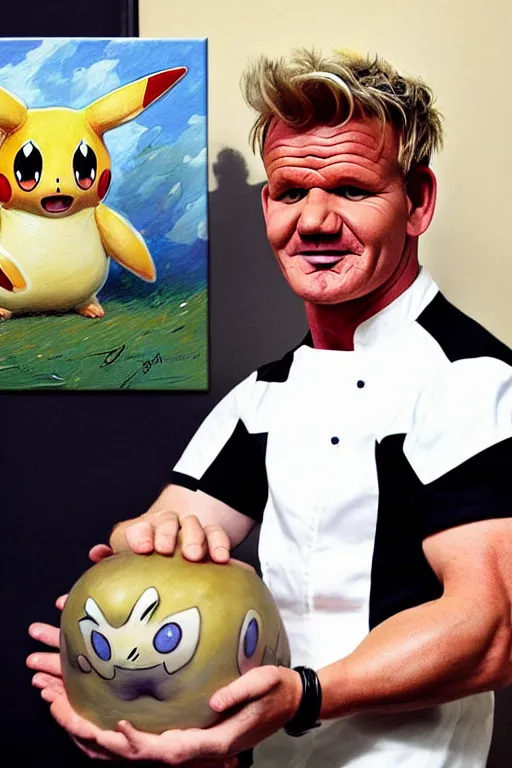 Prompt: gordon ramsay with a exeggcute pokemon painting by gaston bussiere, craig mullins