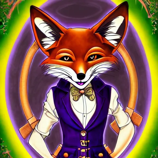 Prompt: don bluth, artgerm, steampunk, clockpunk anthropomorphic fox girl, purple vest, smiling, symmetrical eyes symmetrical face, colorful animation forest background