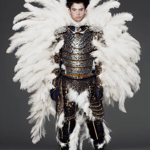 Image similar to a portrait of a beautiful young male wearing an alexander mcqueen armor made of delicate feathers , photographed by andrew thomas huang, artistic