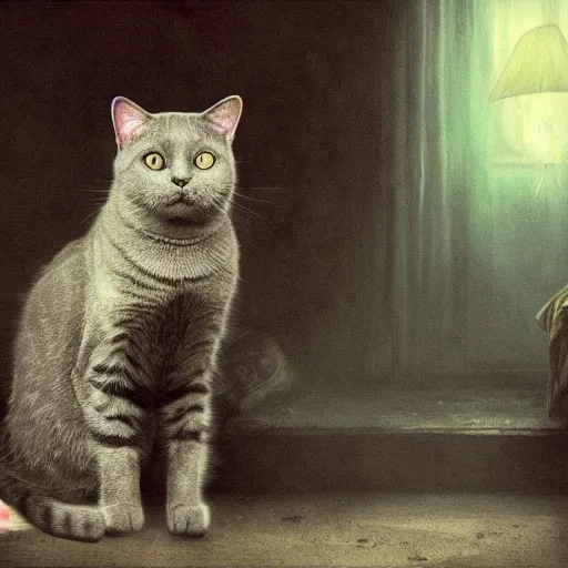 Prompt: a cat in a world full of ghosts, professional photo, professional lighting, trending on artstation, hdr, by albert bierstadt, well detailed, horror, in the style of stephen king, dark, mysterious, sinister