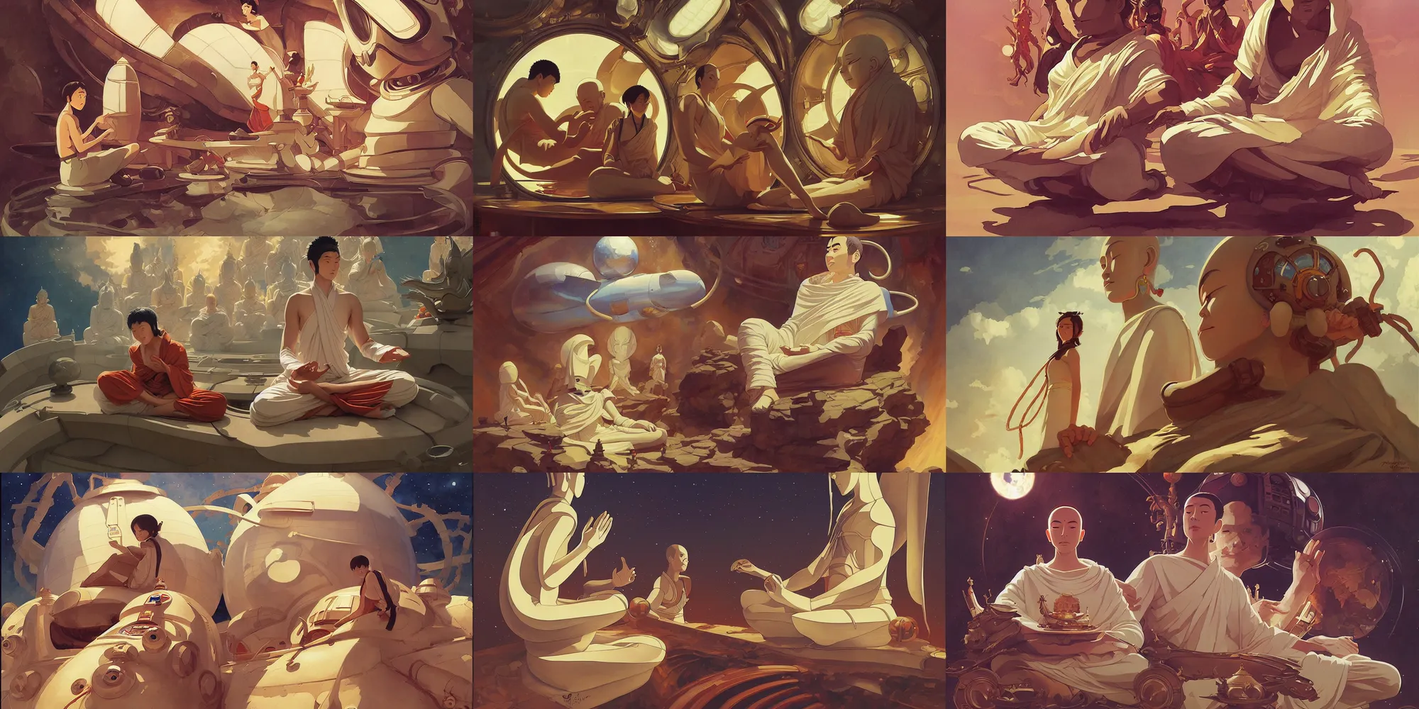 Prompt: buddhism, spaceship, in the style of studio ghibli, j. c. leyendecker, greg rutkowski, artem