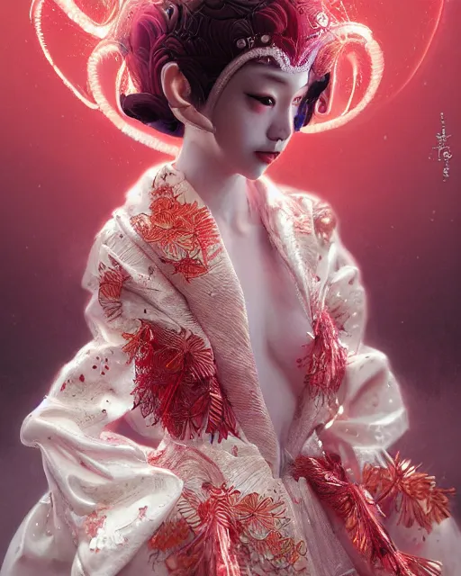 Prompt: detailed photo of pearl japanese doll, pearl skin, magical, beautiful clothes, innocent, elegant red dress, 8 k, by tristan eaton, stanley artgermm, tom bagshaw, greg rutkowski, carne griffiths, trending on deviantart, hyper detailed, glorious lighting, epic environment