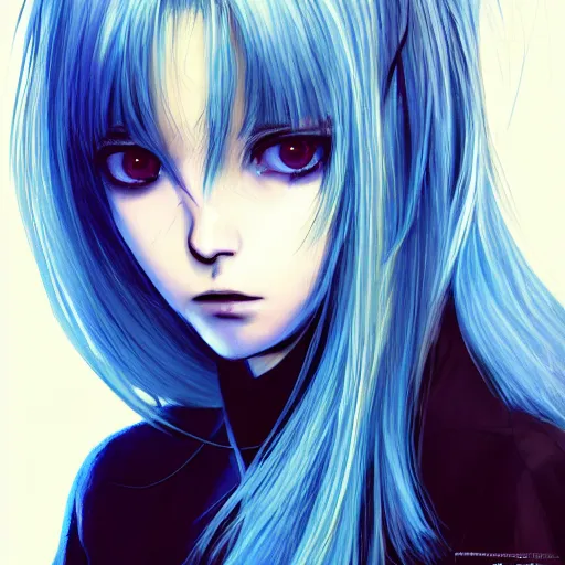 Image similar to full face shot of rimuru tempest, sky blue straight hair, long bangs, with amber eyes, wearing a black jacket, high collar, ultra detailed, concept art, award winning photography, digital painting, cinematic, wlop artstation, closeup, pixiv, evil, yoshitaka amano, andy warhol, ilya kuvshinov,