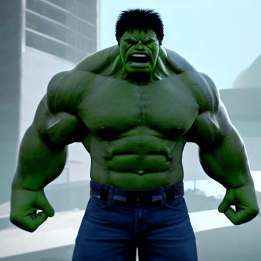 Image similar to Putin as Hulk in Avenger movie, establishing shot, photograph, award winning photograph, movie still, 8k, unreal engine