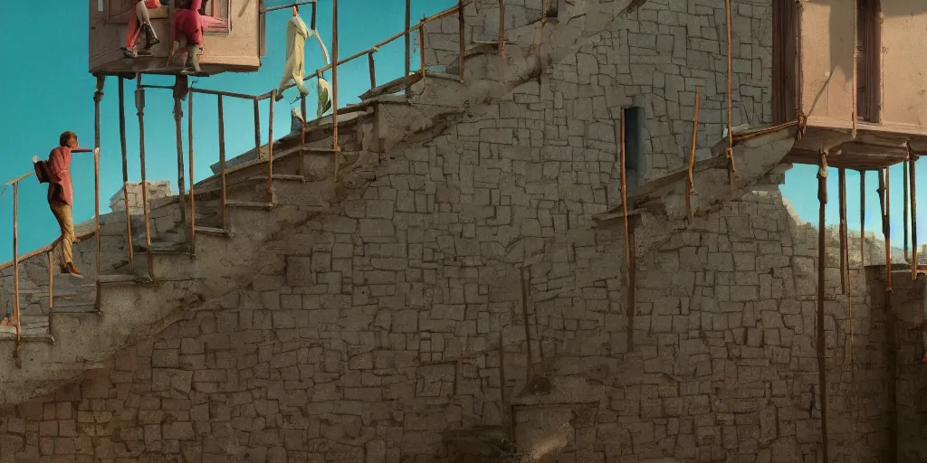 Image similar to a very high resolution image from a new movie, upside - down and criss - cross stairs, beautiful scenery, photorealistic, photography, directed by wes anderson