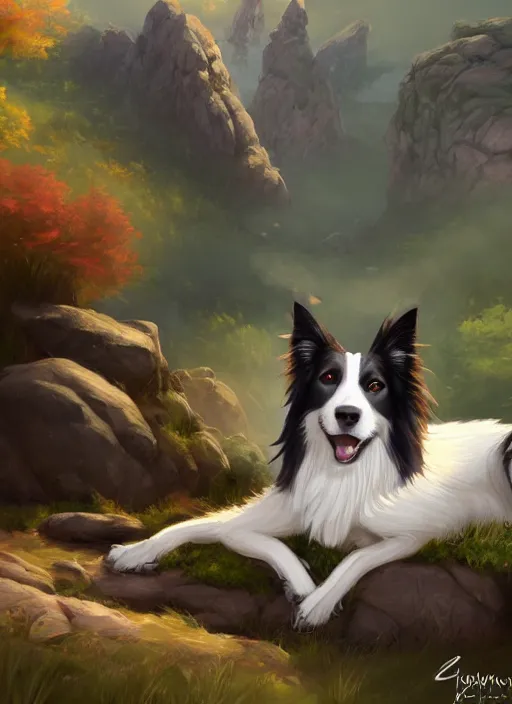 Image similar to wide angle beautiful full body portrait of a cute male anthropomorphic anthro border collie fursona reclining on the side of a rocky hill, character design by charlie bowater, henry asencio, and ross tran, disney, scenic background, detailed, glamor pose, aesthetic, trending on artstation, furaffinity, deviantart