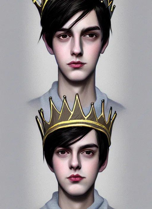 Image similar to portrait of teenage jughead jones wearing a light grey crown, photorealistic, crown made of fabric, crown made of felt, black hair, intricate, elegant, highly detailed, digital painting, glowing lights, artstation, concept art, smooth, sharp focus, illustration, art by wlop, mars ravelo and greg rutkowski