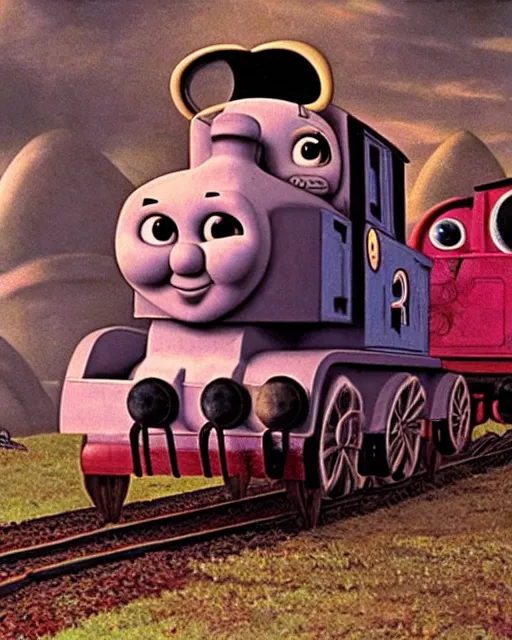 Prompt: still frame from thomas and friends by giger, happy teletubbies train by wayne barlowe, eldrich see thomas train by beksinski, grandiose demonic train with locomotive and endless wagons, 🚂