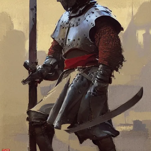 Image similar to man wearing gambeson and medieval helmets, swining sword, fighting, detailed by greg manchess, craig mullins, bernie fuchs, walter everett