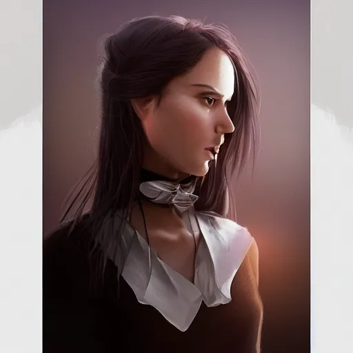 Prompt: epic portrait an woman wearing a white blouse with short sleeves and a black tie, beauty, pretty face, glossy skin, brown tied hair, digital painting, artstation, concept art, soft light, hdri, smooth, sharp focus, illustration, fantasy, intricate, elegant, highly detailed, D&D, matte painting, in the style of Greg Rutkowski and Alphonse Mucha and artemisia, 8k, highly detailed, jurgens, rutkowski, bouguereau, pastoral, rustic, georgic, detailed concept art, illustration, colorful pastel, painting, detail, ultra detailed, digital art, 4K,