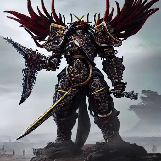 Image similar to a hyperrealistic magnificent robot holding a powerful sword, archaon the everchosen, terminator, Terminator: Dark Fate, most beautiful image ever created, emotionally evocative, greatest art ever made, lifetime achievement magnum opus masterpiece, the most amazing breathtaking image with the deepest message ever painted, a thing of beauty beyond imagination or words