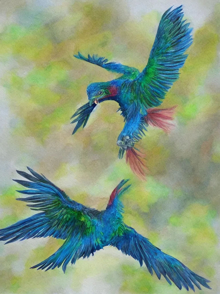 Prompt: A realistic painting of a Quetzal in flight, watercolour, pastel colours,