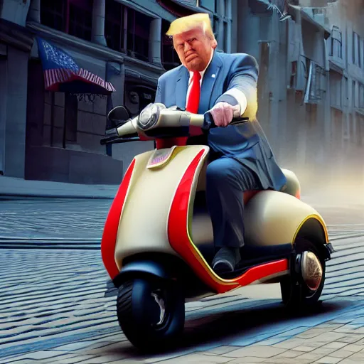 Image similar to donald trump driving a mobility scooter, 3 d render, octane, ray tracing, ultra high detail photorealistic, 8 k