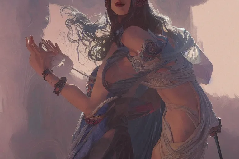 Image similar to combination 1930s ancient mage, highly detailed, digital painting, artstation, concept art, sharp focus, illustration, art by artgerm and greg rutkowski and alphonse mucha