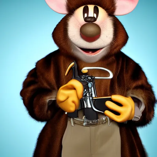 Image similar to 3d anthropomorphic rat, disney pixar, holding tommy gun, velvet, fur coat, high quality, golden necklace, fendi, high fashion