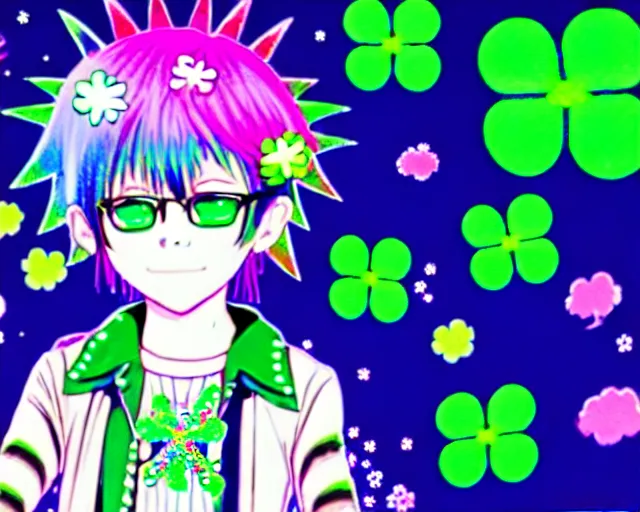 Image similar to a hologram of decora styled green haired yotsuba koiwai wearing a gothic spiked jacket, background full of lucky clovers, crosses, and shinning stars, holography, irridescent