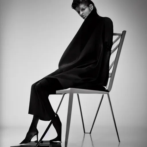 Prompt: close up of fashion model sitting on chair, official jil sander editorial
