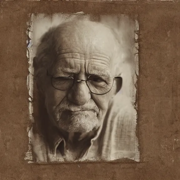 Prompt: portrait of an old man, sepia, scrapbooking, photo montage